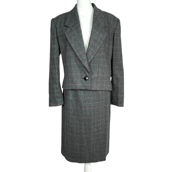 Vintage Sasson 80s Structured Power Suit Gray Wool Blend Tweed Skirt Blazer 14 - Picture 1 of 14